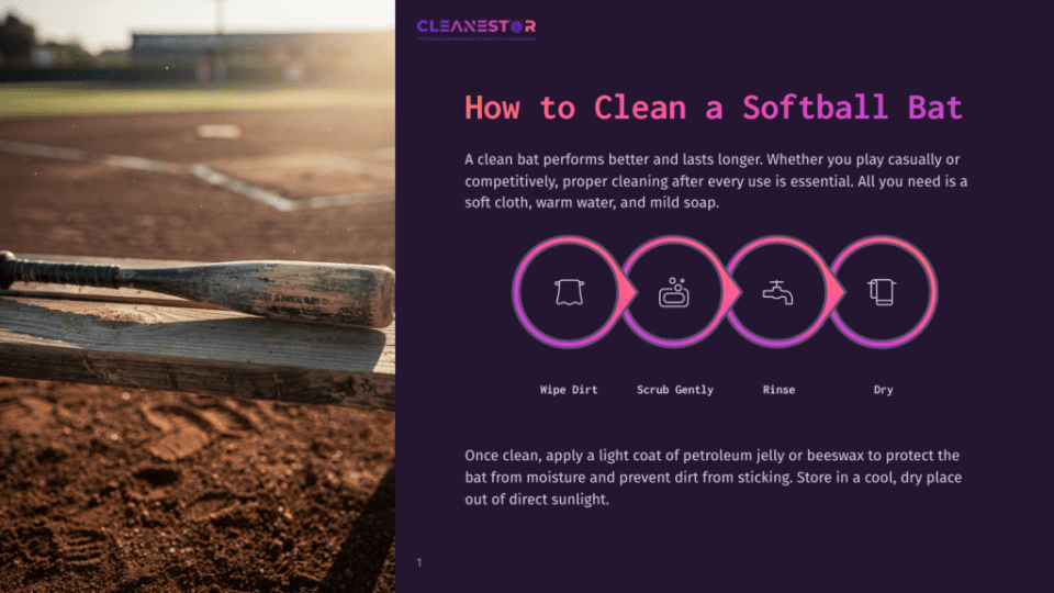 1 How To Clean A Softball Bat A Wooden Softball Bat Rests On A Weathered Wooden Bench At A Dusty Baseball Field, With The Infield Dirt And Bases Visible In The Background. Text Overlay Reads &Quot;How To Clean A Softball Bat.