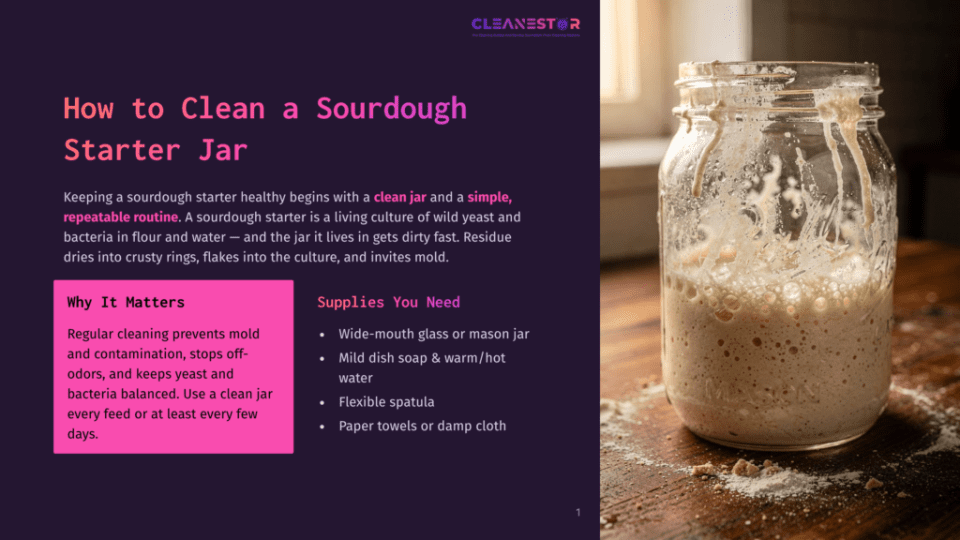 1 How To Clean A Sourdough Starter Jar A Bubbly, Yeasty Sourdough Starter In A Clear Glass Jar Sits On A Wooden Table, With A Pink And Purple Graphic Overlay Detailing How To Clean A Sourdough Starter Jar.
