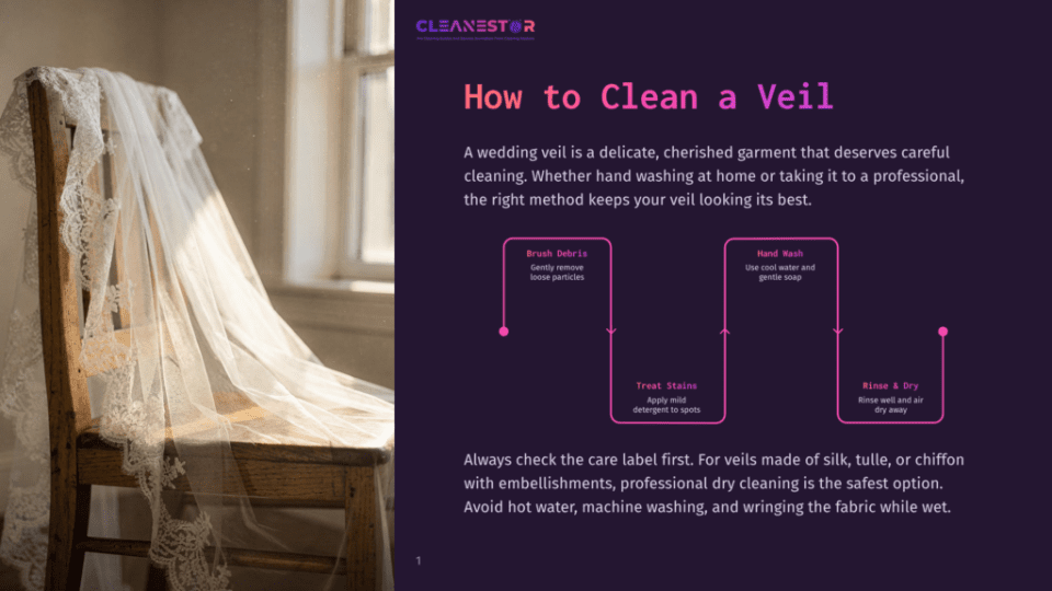 1 How To Clean A Veil A Delicate White Wedding Veil With Intricate Lace Hangs Draped Over The Back Of A Wooden Chair, With Soft Window Light Illuminating Its Sheer Fabric. The Text &Quot;How To Clean A Veil&Quot; Is Prominently Displayed.