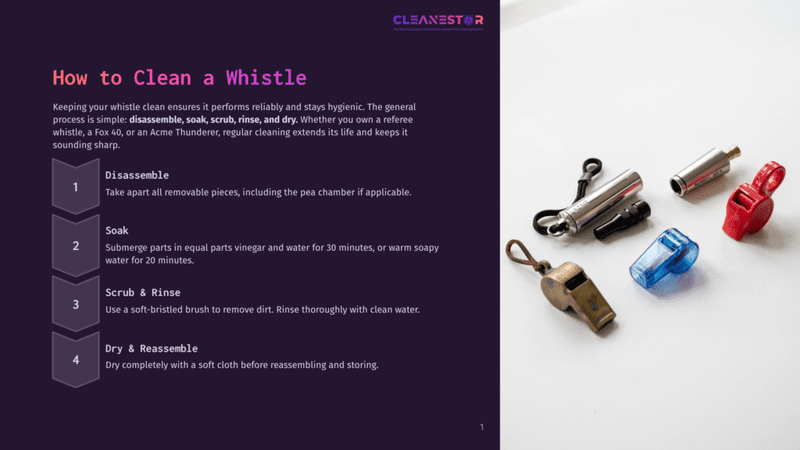 1 How To Clean A Whistle Four Steps To Cleaning A Whistle: Disassemble, Soak, Scrub &Amp; Rinse, Dry &Amp; Reassemble. Includes A Silver Acme Thunderer Whistle, A Blue Plastic Whistle, And A Red Plastic Whistle.