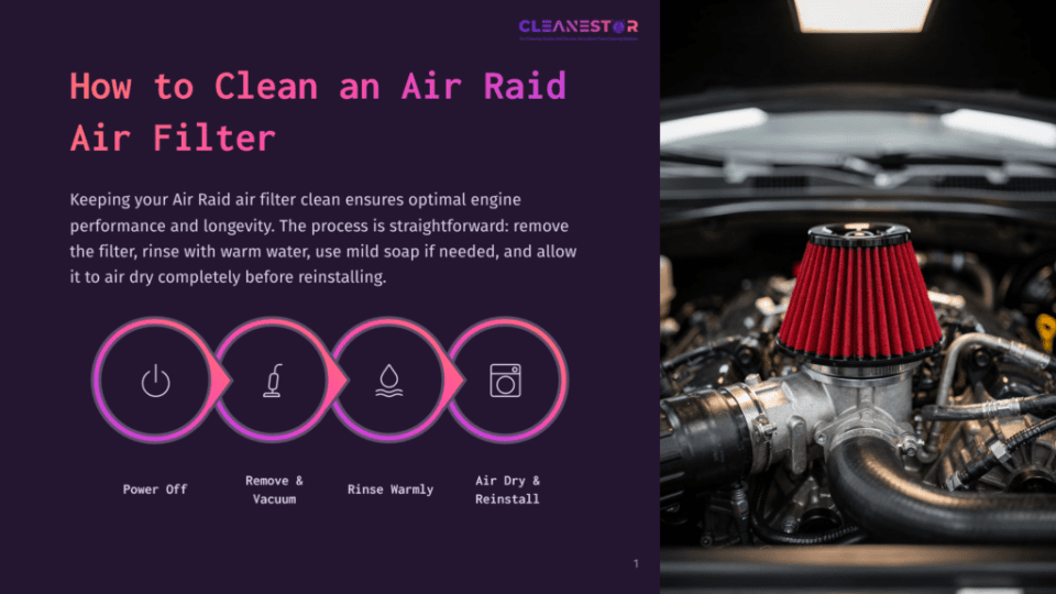 A Red Performance Air Filter Is Installed On A Car Engine, With A Graphic Overlay Detailing How To Clean An Air Raid Air Filter With Steps For Power Off, Remove &Amp; Vacuum, Rinse Warmly, And Air Dry &Amp; Reinstall.