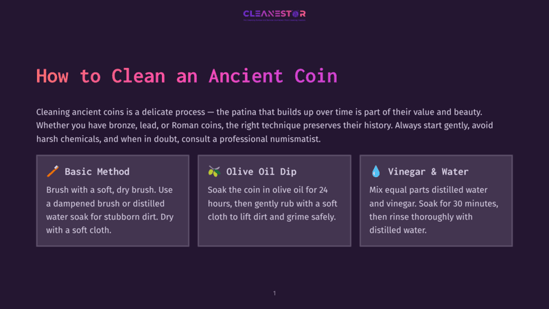 1 How To Clean An Ancient Coin Header Graphic For &Quot;How To Clean An Ancient Coin&Quot; Blog Post, Featuring Three Cleaning Methods: Basic Method, Olive Oil Dip, And Vinegar &Amp; Water. The Cleanestor Logo Is At The Top.