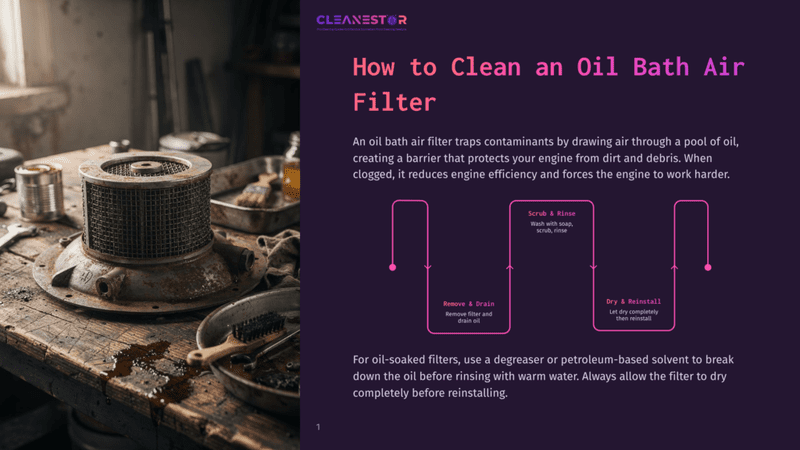 1 How To Clean An Oil Bath Air Filter Close-Up Of A Rusty, Old Oil Bath Air Filter And Cleaning Supplies On A Wooden Workbench, With A Bright Window In The Background. Cleanestor Logo Is Visible.