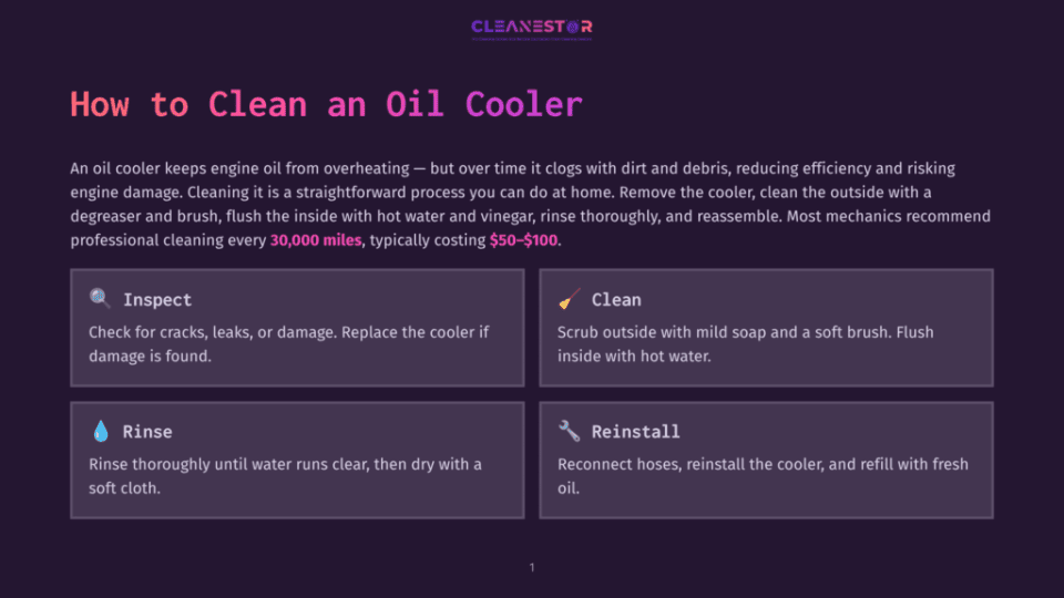 1 How To Clean An Oil Cooler Infographic Titled &Quot;How To Clean An Oil Cooler&Quot; With Four Steps: Inspect, Clean, Rinse, And Reinstall, Detailing The Process With Icons And Brief Descriptions.