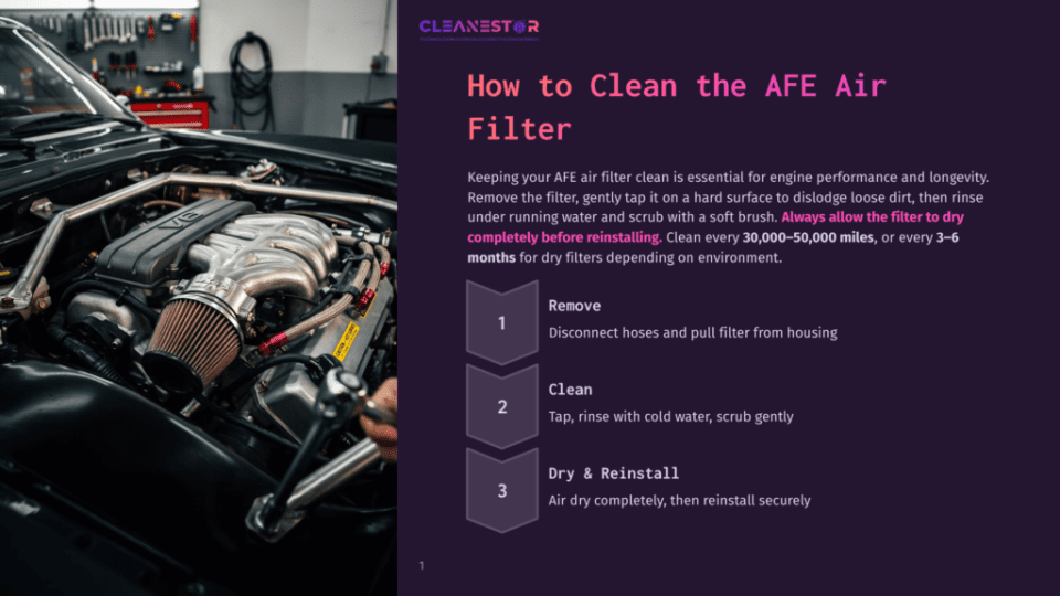 Close-Up Of A Car Engine With An Afe Air Filter, Highlighting The Engine'S Chrome Components And The Filter'S Red Accent. Text Reads: &Quot;How To Clean The Afe Air Filter.