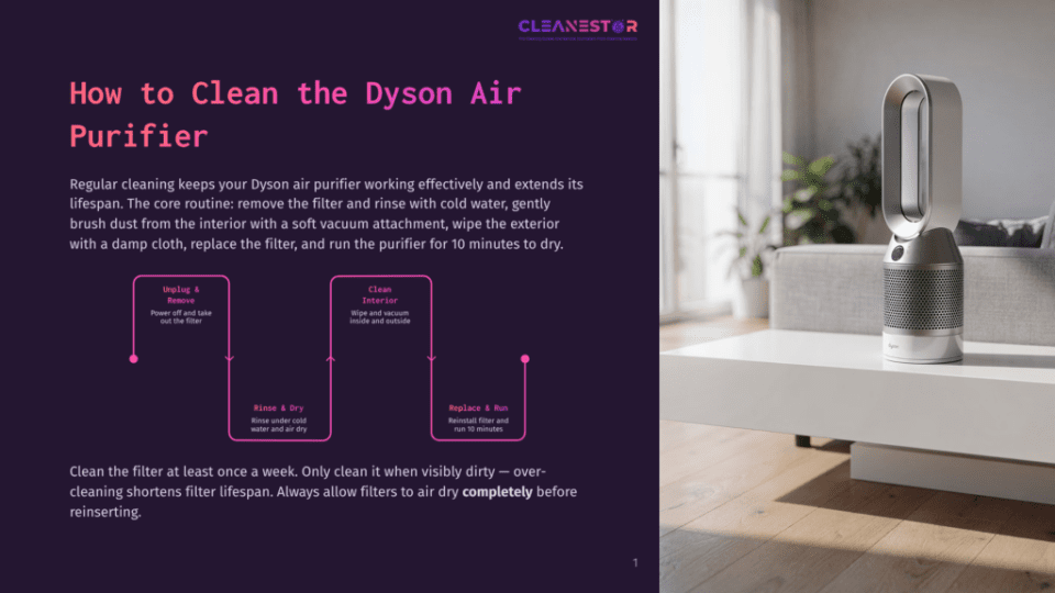 1 How To Clean The Dyson Air Purifier A Modern Dyson Air Purifier With A Sleek Silver Design Sits On A Windowsill, Bathed In Natural Light. Text Overlays Provide Instructions On How To Clean The Dyson Air Purifier.
