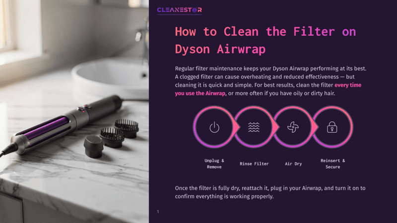 Dyson Airwrap With Purple Barrel And Attachments On A Marble Countertop, Next To A Sink. Text Overlay Details How To Clean The Filter.