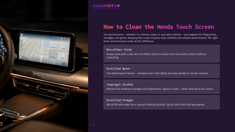 1 How To Clean The Honda Touch Screen Close-Up Of A Modern Car'S Touchscreen Display Showing A Navigation Map On A Dark Interior, With Text Overlay &Quot;Cleanestor How To Clean The Honda Touch Screen&Quot;.