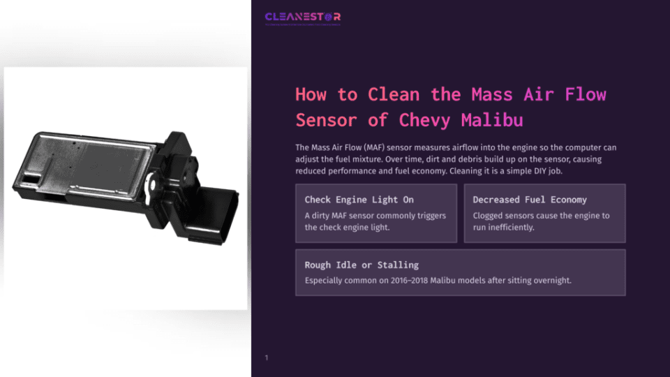 1 How To Clean The Mass Air Flow Sensor Of Chevy Malibu A Black Mass Air Flow (Maf) Sensor For A Chevy Malibu, With Its Electrical Connector Visible. The Text &Quot;Cleanestor&Quot; Is At The Top.