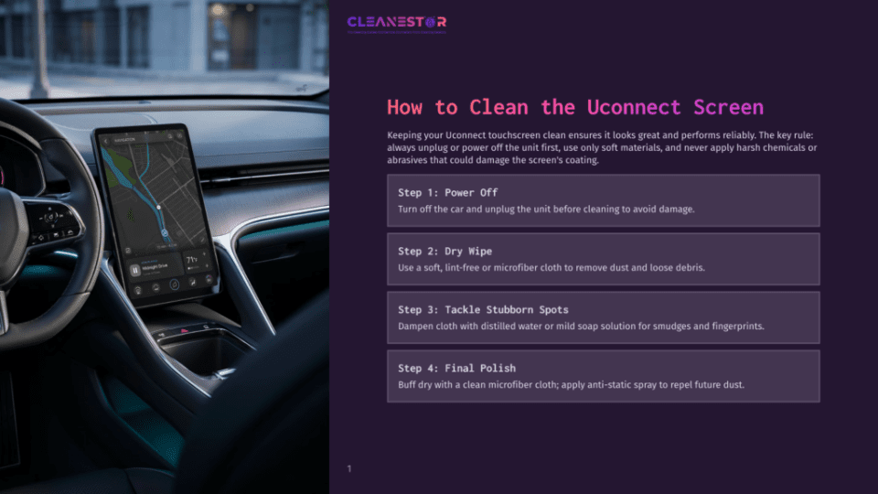 1 How To Clean The Uconnect Screen Interior Of A Modern Car Showing A Dashboard With A Large Uconnect Touchscreen Displaying Navigation. Text Overlay Reads &Quot;How To Clean The Uconnect Screen.