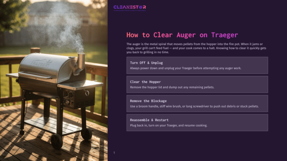 1 How To Clear Auger On Traeger A Traeger Grill Smokes On A Wooden Deck, With Text Overlaying The Right Side Of The Image Detailing How To Clear The Auger On A Traeger Grill.