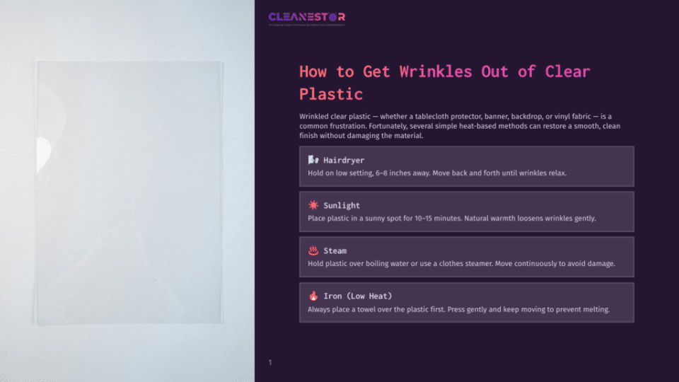 1 How To Get Wrinkles Out Of Clear Plastic A Clear Plastic Sheet With Visible Wrinkles Lies Flat On A Light Gray Surface, With A Dark Purple Overlay On The Right Side Featuring Text About How To Get Wrinkles Out Of Clear Plastic Using A Hairdryer, Sunlight, Steam, Or A Low-Heat Iron.