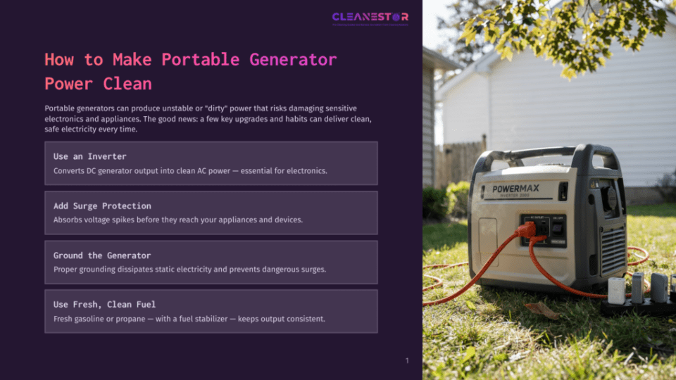 1 How To Make Portable Generator Power Clean 1 A Portable Inverter Generator, Labeled &Quot;Powermax Inverter 2000,&Quot; Is Plugged Into An Outdoor Electrical Outlet, With A Power Cord Extending From The Generator. The Generator Is A Gray And Black Unit With Various Ports And An On/Off Switch Visible.