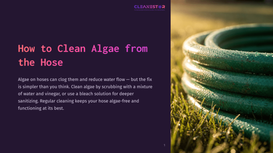 1 How To Clean Algae From The Hose A Green Garden Hose Coiled On Lush Green Grass, With Dew Drops Glistening On The Hose. The Text &Quot;Cleanestor&Quot; Is Visible In The Top Right Corner.