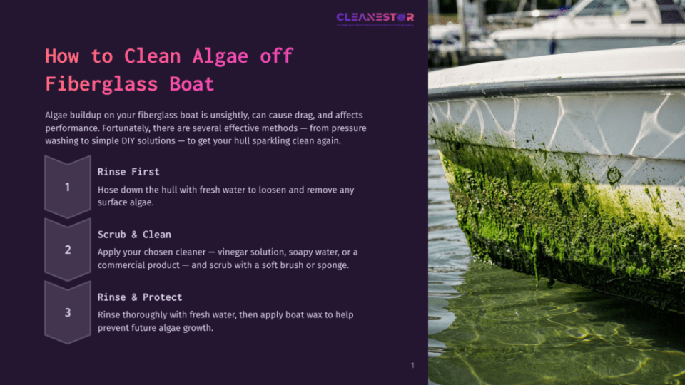 1 How To Clean Algae Off Fiberglass Boat Close-Up Of A White Fiberglass Boat Hull With Thick Green Algae Growth Clinging To The Waterline. The Algae Is Vibrant And Textured, Contrasting With The Clean White Of The Boat And The Rippling Water Below.