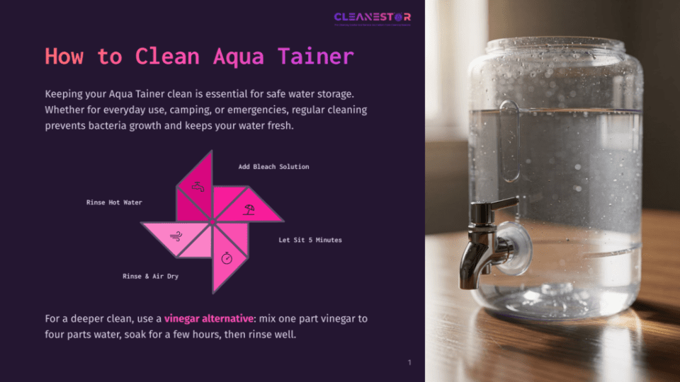 1 How To Clean Aqua Tainer Diagram Showing How To Clean An Aqua Tainer Water Jug, With Instructions For Rinsing, Adding Bleach Solution, And Letting It Sit. Text Also Suggests A Vinegar Alternative For Deeper Cleaning.