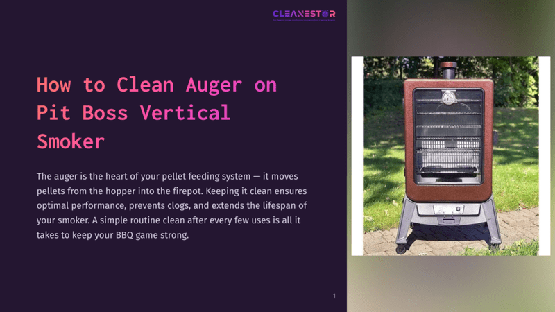 1 How To Clean Auger On Pit Boss Vertical Smoker A Pit Boss Vertical Pellet Smoker In A Copper Finish Stands On A Paved Patio, With A Lush Green Lawn In The Background. The Text Overlay Reads &Quot;How To Clean Auger On Pit Boss Vertical Smoker.