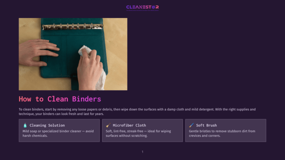 1 How To Clean Binders A Hand Cleans A Teal Binder With A White Cloth, Demonstrating How To Clean Binders. The Image Shows A Cleaning Solution And Soft Brush As Cleaning Tools.