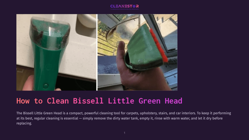 1 How To Clean Bissell Little Green Head Close-Up Of A Green Bissell Little Green Portable Carpet Cleaner Head, Showing Wear And Tear, Next To A Hand Holding The Cleaning Brush Attachment.