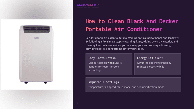 1 How To Clean Black And Decker Portable Air Conditioner White Black + Decker Portable Air Conditioner With A Large Vent On Top And The Brand Logo On The Front. The Unit Is Shown In A Studio Setting With Text Overlay Describing Its Features And Cleaning Instructions.