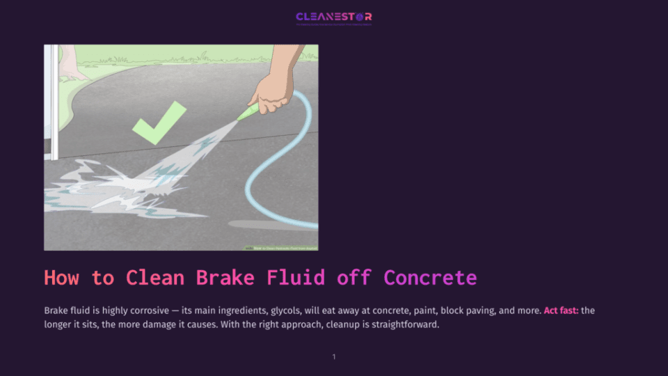 1 How To Clean Brake Fluid Off Concrete A Person Sprays A Green Checkmark Symbol On A Concrete Driveway, Cleaning Up Brake Fluid With A Hose. Text Reads &Quot;How To Clean Brake Fluid Off Concrete.