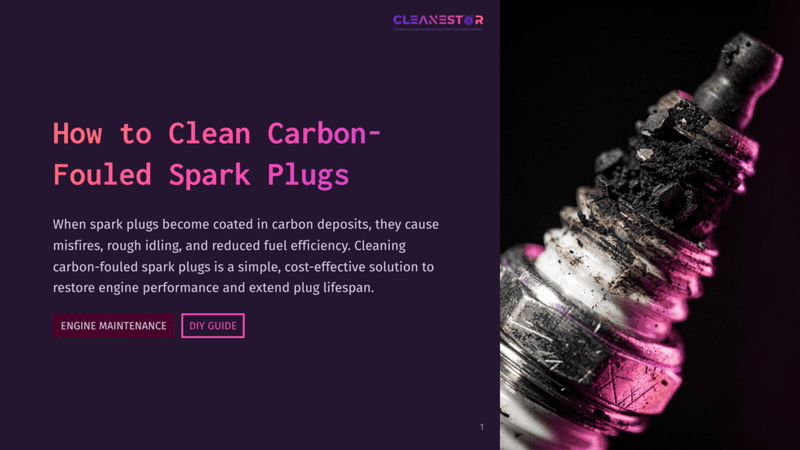 1 How To Clean Carbon Fouled Spark Plugs Close-Up Of A Heavily Carbon-Fouled Spark Plug With Black Deposits Obscuring The Electrode, Set Against A Dark Background With Pink And Purple Lighting. &Quot;Cleanestor&Quot; Logo And &Quot;How To Clean Carbon-Fouled Spark Plugs&Quot; Title Visible.