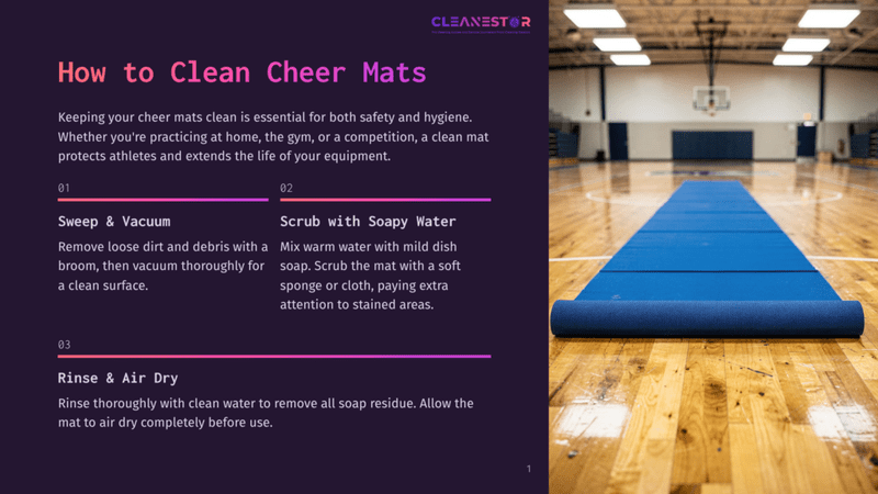 1 How To Clean Cheer Mats A Large, Blue Cheer Mat Is Unrolled On A Polished Wooden Gymnasium Floor. The Mat Extends From The Foreground Into The Distance, With A Basketball Hoop Visible In The Background. Text Overlays On The Left Side Of The Image Provide Instructions On &Quot;How To Clean Cheer Mats.