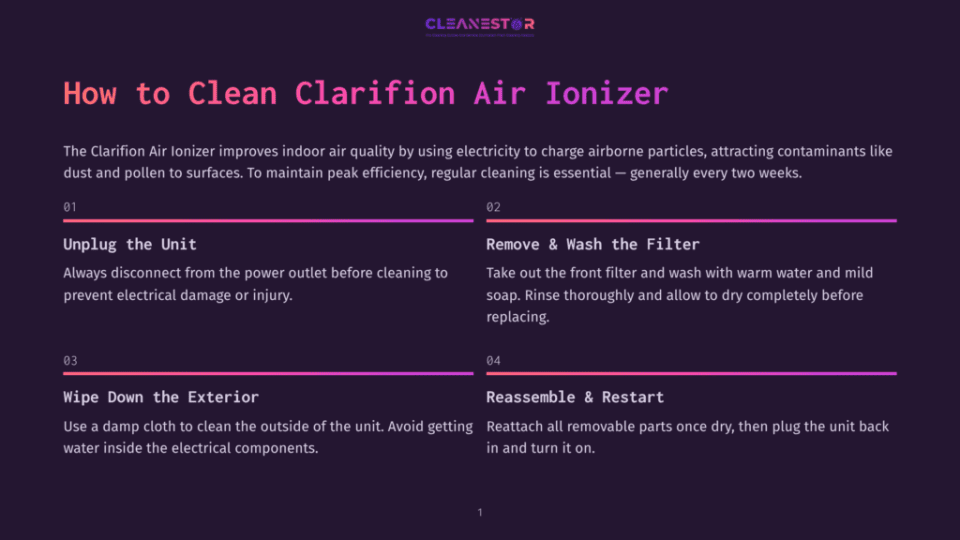 1 How To Clean Clarifion Air Ionizer Infographic Detailing How To Clean A Clarifion Air Ionizer: Unplug The Unit, Remove And Wash The Filter, Wipe Down The Exterior, And Reassemble. The Text Is Presented In A Dark Background With Purple And Pink Accents.