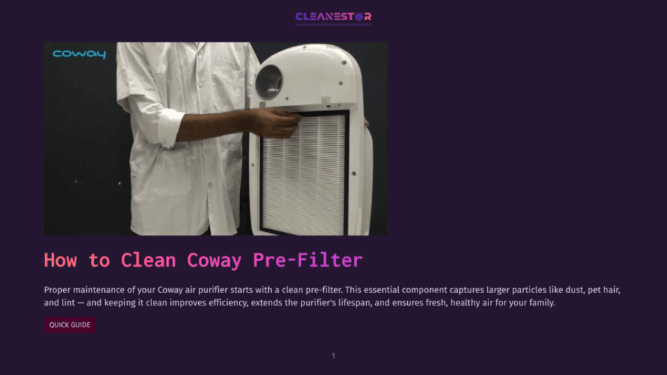 A Person In A White Lab Coat Installs A Clean Pre-Filter Into A White Coway Air Purifier, Showcasing How To Clean Coway Air Purifiers.