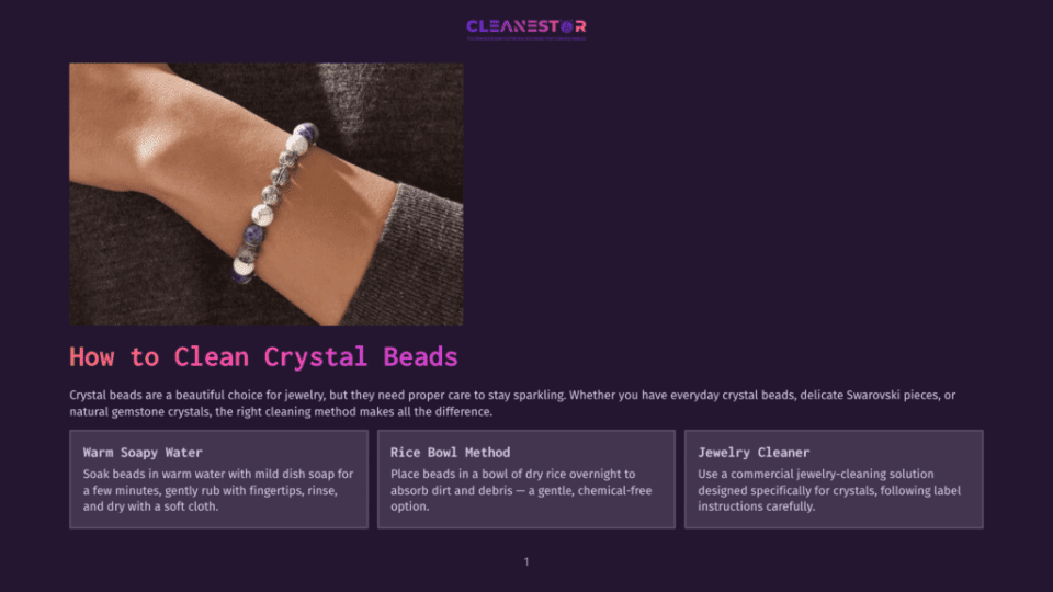 1 How To Clean Crystal Beads A Hand Wearing A Beaded Bracelet Rests On A Table, With A Bowl Of Rice Beside It. The Focus Is On Crystal Beads And Their Proper Care, Including The Rice Bowl Method.