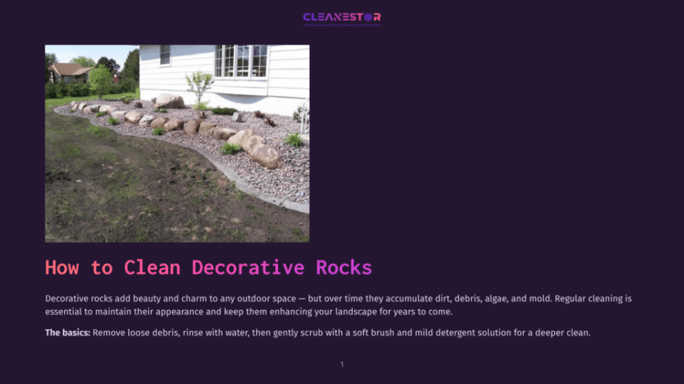 A Landscaped Garden Bed Featuring Decorative Rocks Of Various Sizes And Colors, Bordering A White House With A Lawn In The Foreground. The Text &Quot;How To Clean Decorative Rocks&Quot; Is Prominent.