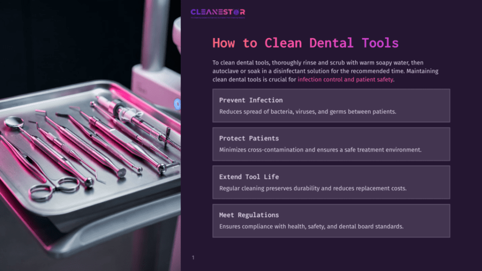 1 How To Clean Dental Tools An Array Of Pink Dental Tools Rests On A Silver Tray Against A Dark Background, With A Watermark For Cleanest In The Top Left Corner.