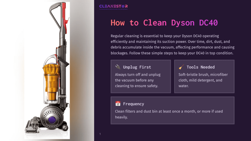 1 How To Clean Dyson Dc40 A Red And Silver Dyson Dc40 Vacuum Cleaner Stands Upright, With Text Overlaying The Right Side Of The Image Detailing How To Clean The Vacuum. The Text Includes &Quot;How To Clean Dyson Dc40,&Quot; &Quot;Unplug First,&Quot; &Quot;Tools Needed,&Quot; And &Quot;Frequency.
