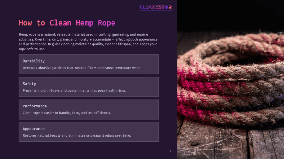 1 How To Clean Hemp Rope A Close-Up Of Thick, Weathered Hemp Rope With Pink And Red Accents, Coiled On A Dark Wooden Surface, With Text Overlay Discussing How To Clean Hemp Rope For Durability, Safety, Performance, And Appearance.