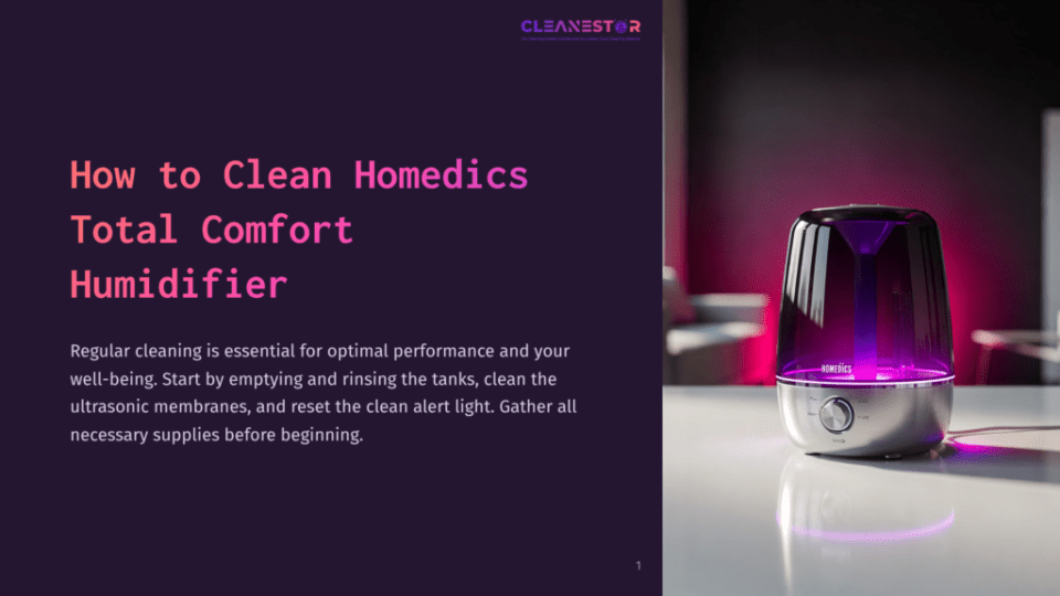 1 How To Clean Homedics Total Comfort Humidifier A Sleek, Modern Homedics Total Comfort Ultrasonic Humidifier With A Purple Led Light Glows On A White Surface. The Text &Quot;How To Clean Homedics Total Comfort Humidifier&Quot; Is Visible On The Left.