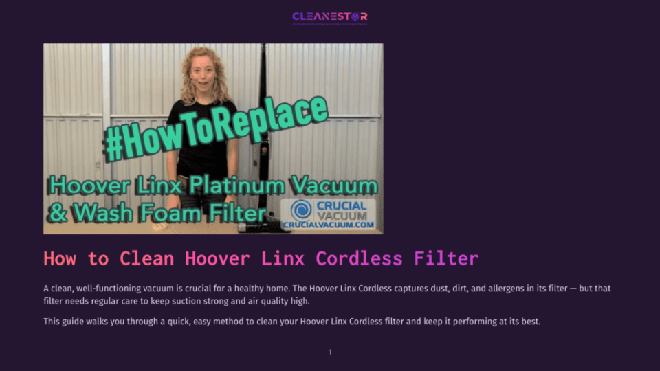 1 How To Clean Hoover Linx Cordless Filter Woman Standing In Front Of A Garage Door, Pointing To A Graphic Overlay On A Video Still That Reads &Quot;#Howtoreplace Hoover Linx Platinum Vacuum &Amp; Wash Foam Filter&Quot; With A Crucial Vacuum Logo.