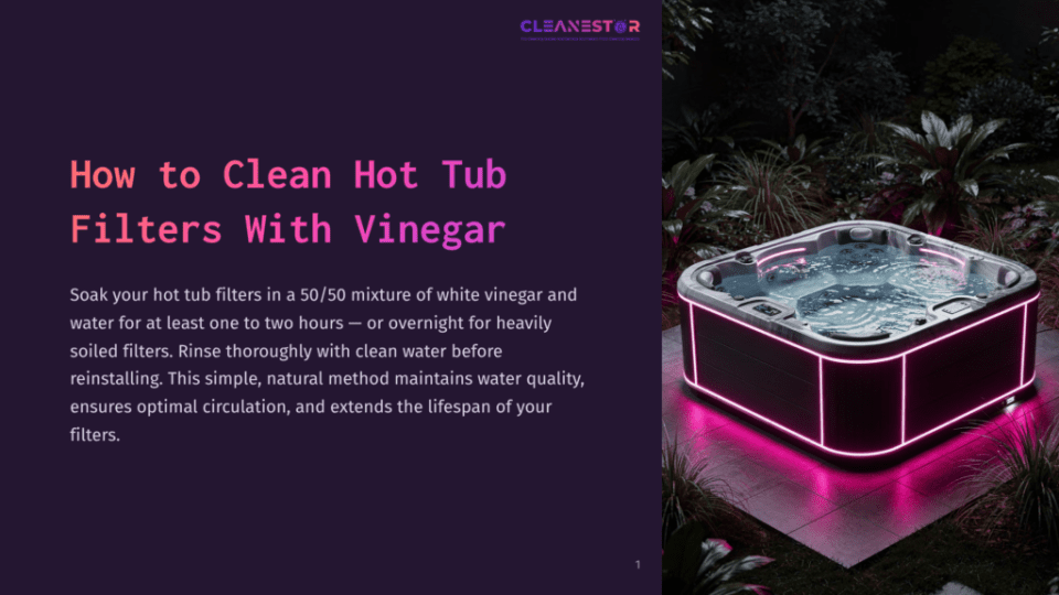 A Modern, Dark Gray Hot Tub With Glowing Pink Led Lights Sits On A Tiled Patio At Night, Surrounded By Lush Green Plants. The Hot Tub Is Filled With Bubbling Water. Text Overlay Reads &Quot;Cleanestor - Pro Cleaning &Amp; Solutions For Healthier Home &Amp; Happier Living&Quot; And &Quot;How To Clean Hot Tub Filters With Vinegar&Quot;.