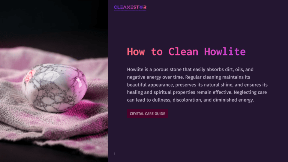 1 How To Clean Howlite A Pink And White Howlite Stone Rests On A Pink And White Striped Cloth, With &Quot;How To Clean Howlite&Quot; Text Overlayed In Bold Pink And White Text.
