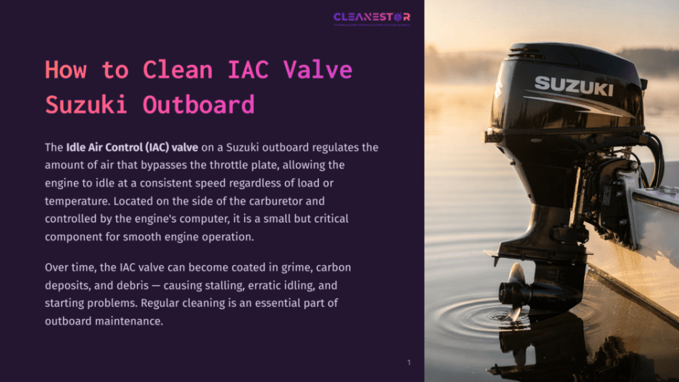 1 How To Clean Iac Valve Suzuki Outboard Suzuki Outboard Motor On A Boat At Sunrise, With Text &Quot;How To Clean Iac Valve Suzuki Outboard&Quot; And &Quot;Cleanestor&Quot; Branding.