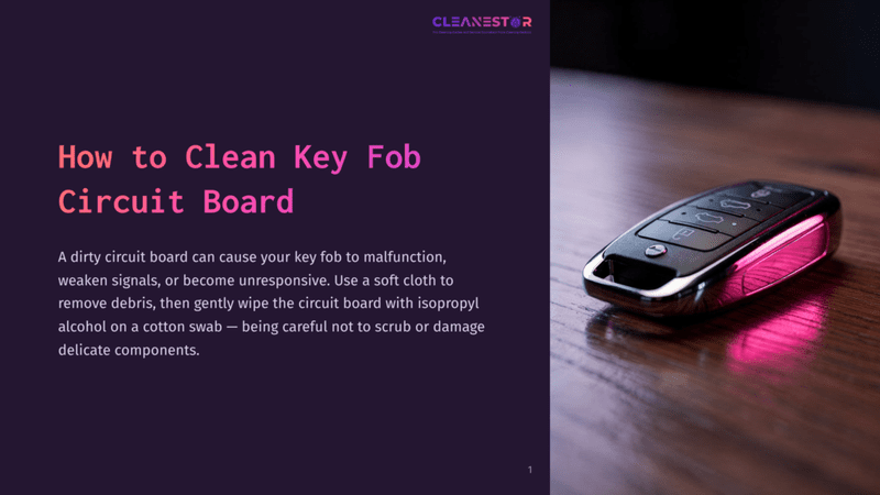 1 How To Clean Key Fob Circuit Board Close-Up Of A Modern Car Key Fob With A Pink Glow On Its Side, Resting On A Wooden Surface. The Image Is Part Of A Guide On How To Clean A Key Fob Circuit Board.
