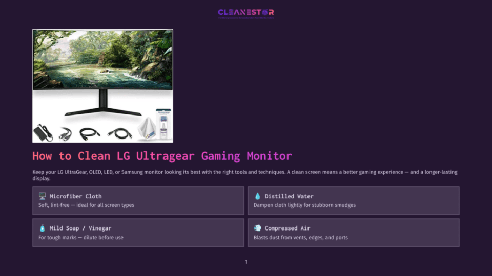 1 How To Clean Lg Ultragear Gaming Monitor Lg Ultragear Gaming Monitor With Lush Jungle Scene Displayed, Surrounded By Cleaning Tools: Microfiber Cloth, Distilled Water, Mild Soap/Vinegar, And Compressed Air. Text Reads &Quot;How To Clean Lg Ultragear Gaming Monitor&Quot;.