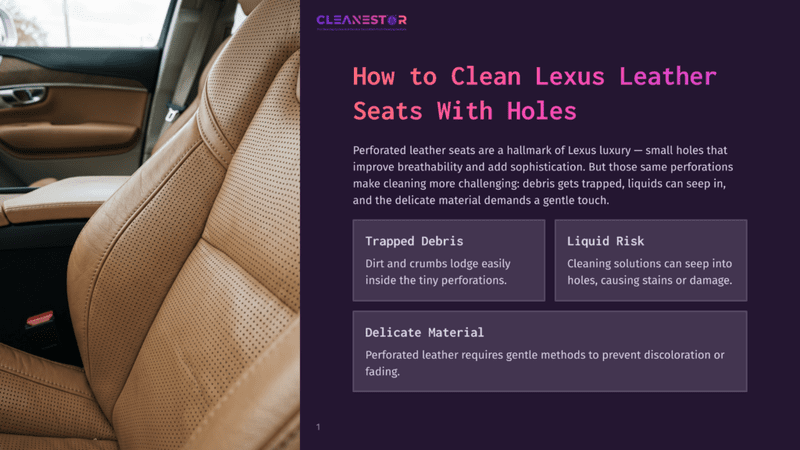1 How To Clean Lexus Leather Seats With Holes Close-Up Of Perforated Tan Leather Lexus Car Seats, Highlighting The Intricate Stitching And Small Holes. Text Overlay Reads &Quot;Cleanestor: Pro Cleaning Solutions For Automotive Interior Detailing &Amp; Car Cleaning.