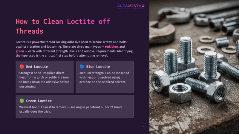 1 How To Clean Loctite Off Threads Close-Up Of Shiny Metal Bolts And Nuts On A Rustic Metal Surface, With A Blurred Background Of Tools. Text Overlay Reads &Quot;How To Clean Loctite Off Threads&Quot; And Describes Red, Blue, And Green Loctite Types.