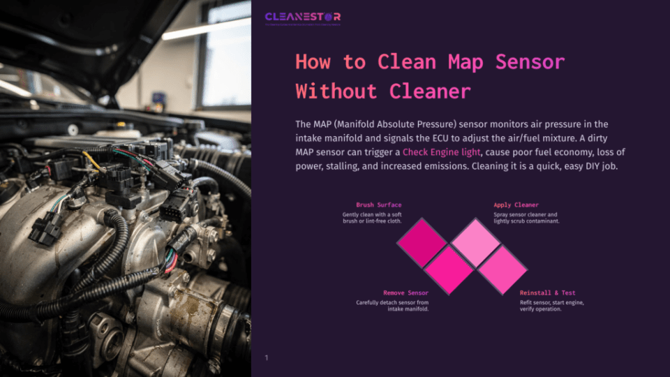 1 How To Clean Map Sensor Without Cleaner Close-Up Of A Car'S Engine Bay With A Map Sensor Highlighted, Illustrating Instructions On How To Clean A Map Sensor, With Text Overlay &Quot;How To Clean Map Sensor Without Cleaner&Quot;.