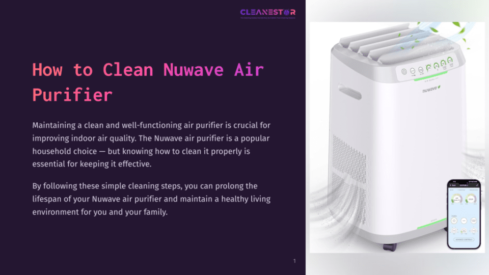 1 How To Clean Nuwave Air Purifier Cleanestor Logo Above Text &Quot;How To Clean Nuwave Air Purifier&Quot; Next To A White Nuwave Air Purifier With A Smartphone App Interface Overlay.