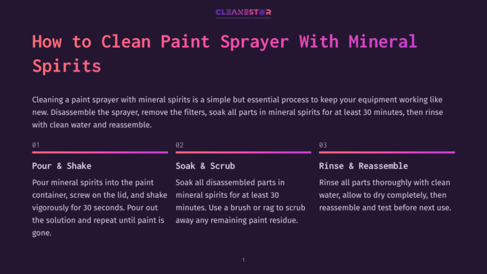 1 How To Clean Paint Sprayer With Mineral Spirits Infographic Titled &Quot;How To Clean Paint Sprayer With Mineral Spirits&Quot; With Three Steps: Pour &Amp; Shake, Soak &Amp; Scrub, And Rinse &Amp; Reassemble, Detailing The Paint Sprayer Cleaning Process.