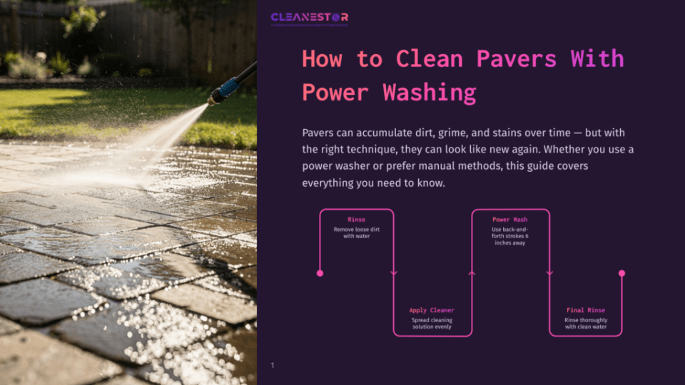 1 How To Clean Pavers With Power Washing Power Washing A Stone Paver Patio, With Water Spraying From A Wand To Remove Dirt And Grime. The Text &Quot;How To Clean Pavers With Power Washing&Quot; Is Visible.