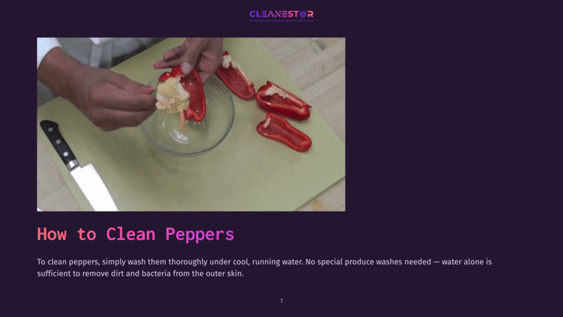 1 How To Clean Peppers 1 Hands Carefully Clean A Red Bell Pepper, Removing Seeds And Membranes Over A Glass Bowl, With A Knife On The Side. The Text &Quot;How To Clean Peppers&Quot; Is Visible.
