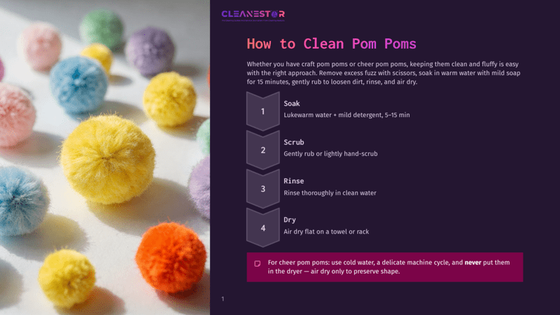 1 How To Clean Pom Poms Close-Up Of Fluffy, Colorful Pom Poms In Shades Of Pink, Yellow, Blue, And Orange Scattered On A White Surface. The Text &Quot;Cleanestor How To Clean Pom Poms&Quot; Is Visible.
