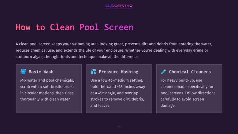 1 How To Clean Pool Screen 1 A Graphic Titled &Quot;How To Clean Pool Screen&Quot; With Three Sections: Basic Wash, Pressure Washing, And Chemical Cleaners, Detailing Pool Screen Maintenance.